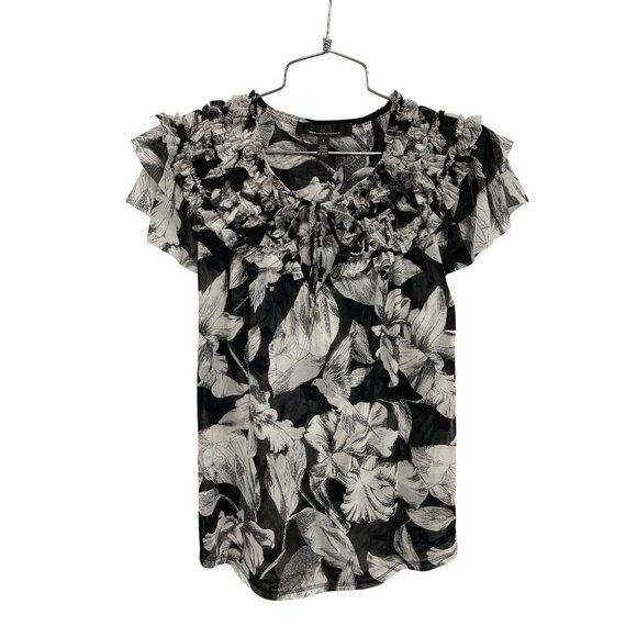 White House Black Market Blouse Size Small Floral Black White Ruffle Mesh Boho - Picture 1 of 9